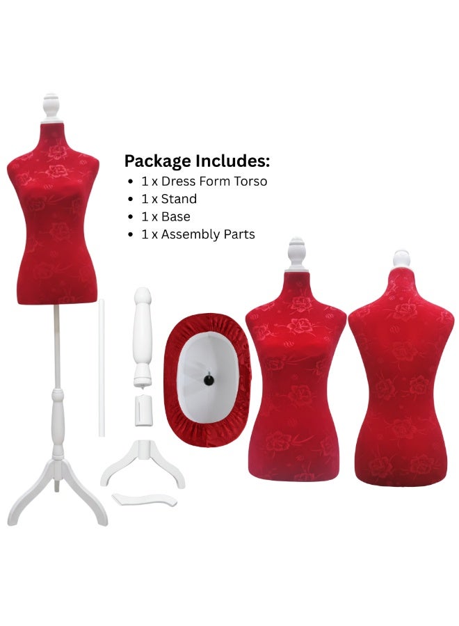 أورتوك عارضة ملابس نسائية قابلة للتعديل – جذع من المخمل الأحمر المزخرف مع حامل ثلاثي أبيض، ارتفاع قابل للتعديل 178 سم، للخيّاطة وتصميم الملابس وعرض المجوهرات - Image 4